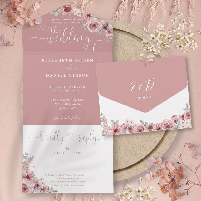 Floral Calligraphy Script Dusty Rose Wedding All In One Invitation (Floral Calligraphy Script Dusty Rose Wedding All In One Invitation)