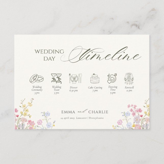 Floral Calligraphy  Wedding Day Timeline Enclosure Card (Front)