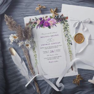 Floral Canopy Watercolor Purple QR Code Wedding Invitation