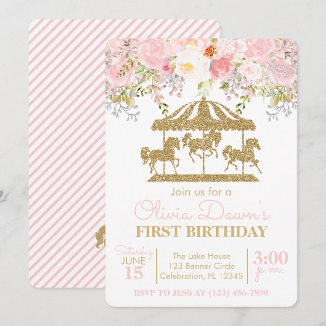 Floral Carousel Pink and Gold Girl Birthday Invitation (Front/Back)