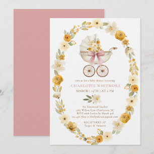 Floral Carriage Baby Shower   Blush Pink Design Invitation