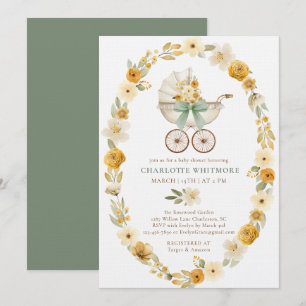 Floral Carriage Baby Shower   Sage Green Design Invitation