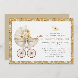 Floral Carriage Beige Baby Shower Invitation