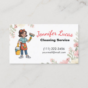 Floral Cartoon Maid House Cleaning Services Business Card
