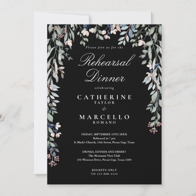 Floral Cascade Black And White Rehearsal Dinner Invitation (Front)