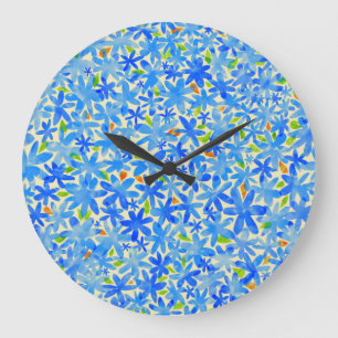 Floral Cascade: Blue Flowers Seamless Pattern Large Clock
