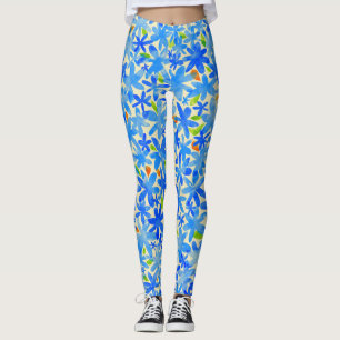 Floral Cascade: Blue Flowers Seamless Pattern Leggings