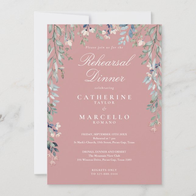 Floral Cascade Dusty Rose Pink Rehearsal Dinner Invitation (Front)