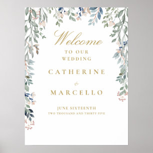 Floral Cascade Gold Wedding Welcome Sign