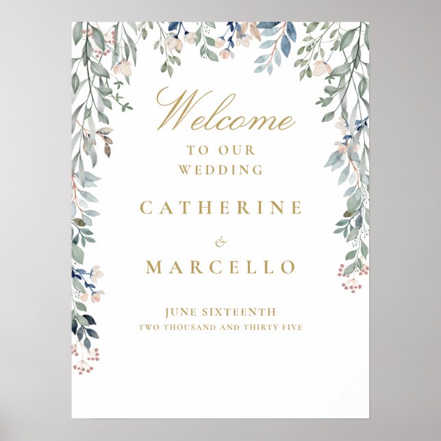 Floral Cascade Gold Wedding Welcome Sign (Front)