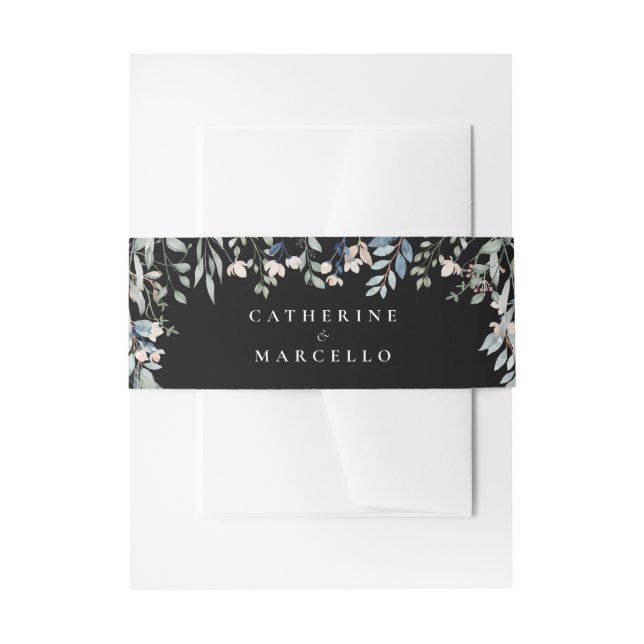 Floral Cascade Modern Black And White Wedding Invitation Belly Band (Front Example)
