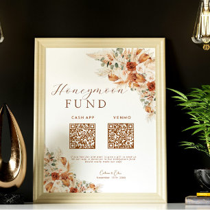 Floral Cash Honeymoon Fund QR Code Wedding  Poster