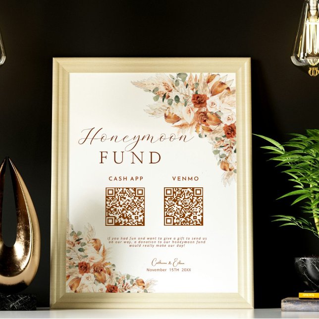 Floral Cash Honeymoon Fund QR Code Wedding  Poster (Creator Uploaded)
