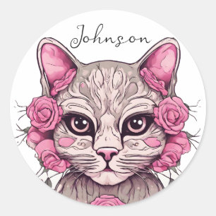 Floral Cat and Pink Roses Sticker