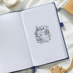 Floral Cat Bookplate Rubber Stamp