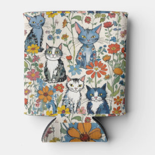 Floral Cat Illustration with Wildflowers and Cats Can Cooler