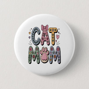 Floral Cat Mom with Paw Print 6 Cm Round Badge
