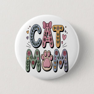 Floral Cat Mom with Paw Print 6 Cm Round Badge