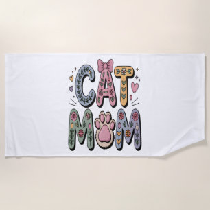 Floral Cat Mum with Paw Print Beach Towel