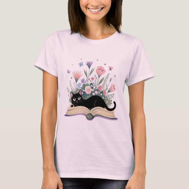 Floral Cat Shirt, Cat Lover T-shirt, Cat Book T-Shirt (Front)