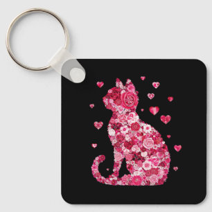 Floral Cat Silhouette Art Key Ring