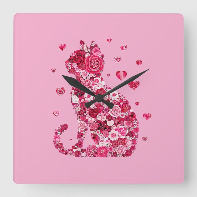 Floral Cat Silhouette ArtFaux Wrapped Canvas Print Square Wall Clock (Front)
