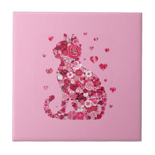 Floral Cat Silhouette ArtFaux Wrapped Canvas Print Tile