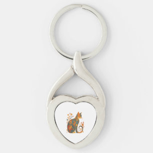Floral Cat Silhouette � Colorful Vintage Botanical Key Ring