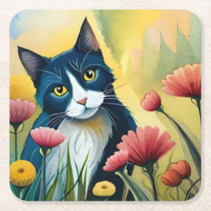 FLoral cat  Square Paper Coaster