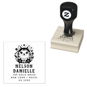 Floral CAT Style Return Address Wooden Rubber Rubber Stamp