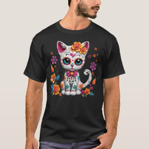 Floral Cat Sugar Skull Day of the Dead Dia de los  T-Shirt
