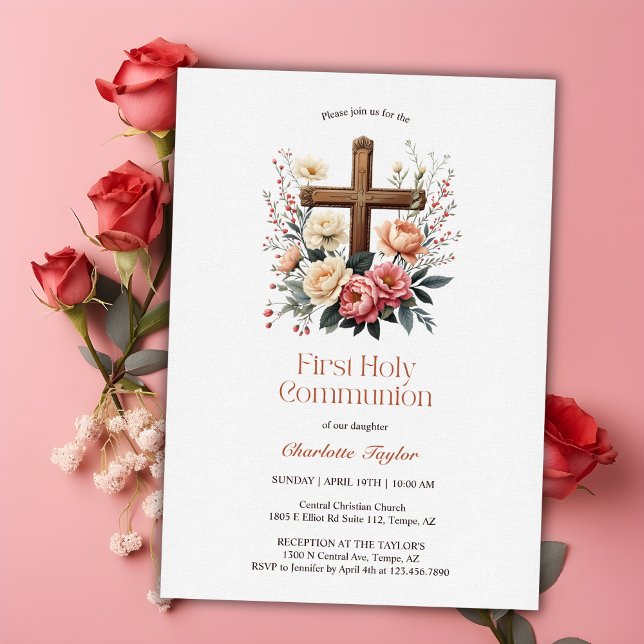 Floral Catholic Cross First Holy Communion Invitation (Floral Catholic Cross First Holy Communion Invitation)