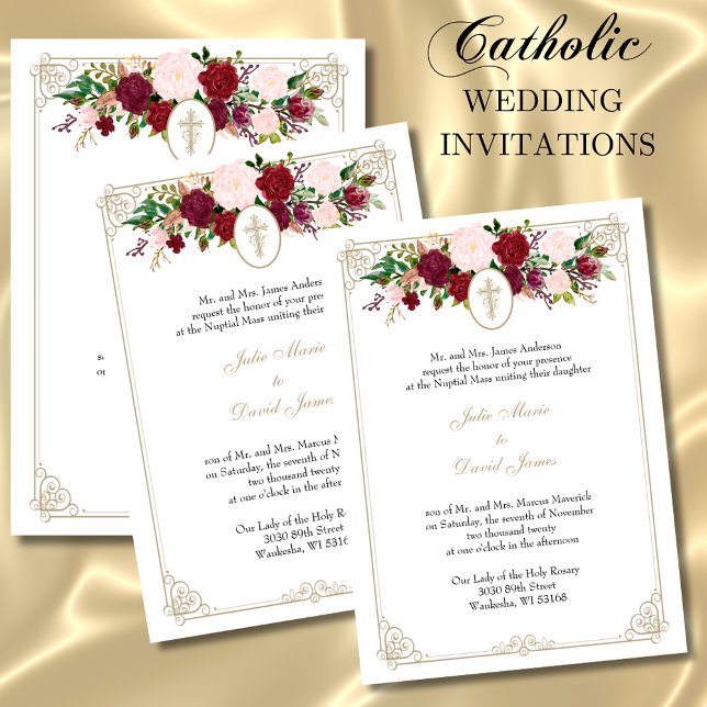 Floral Catholic Religious Wedding Gold Cross Invitation (Creator Uploaded)