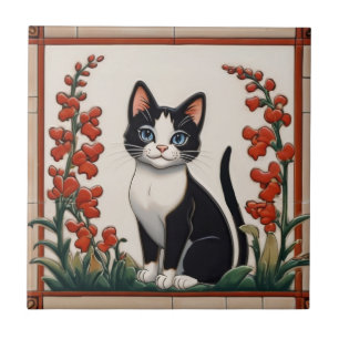 Floral Cats - Black & White Cat Red Flower Garden Tile
