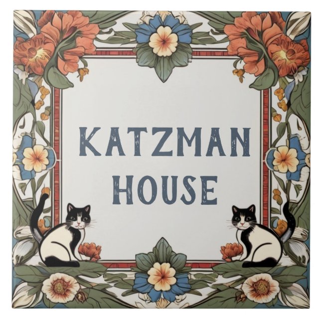 Floral Cats Custom House Name Plate Sign Plaque Tile (Front)