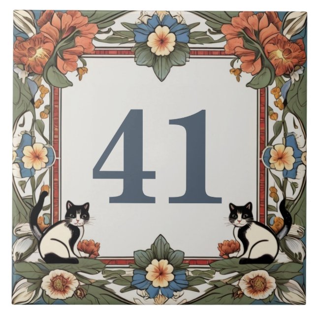 Floral Cats Custom House Number Plate Sign Plaque Tile (Front)