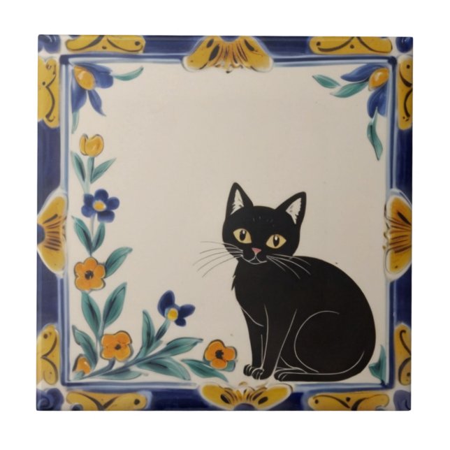 Floral Cats - Cute Black Cat & Orange Flowers Tile (Front)