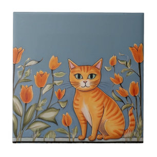 Floral Cats - Ginger Cat & Orange Flowers Cartoon Tile