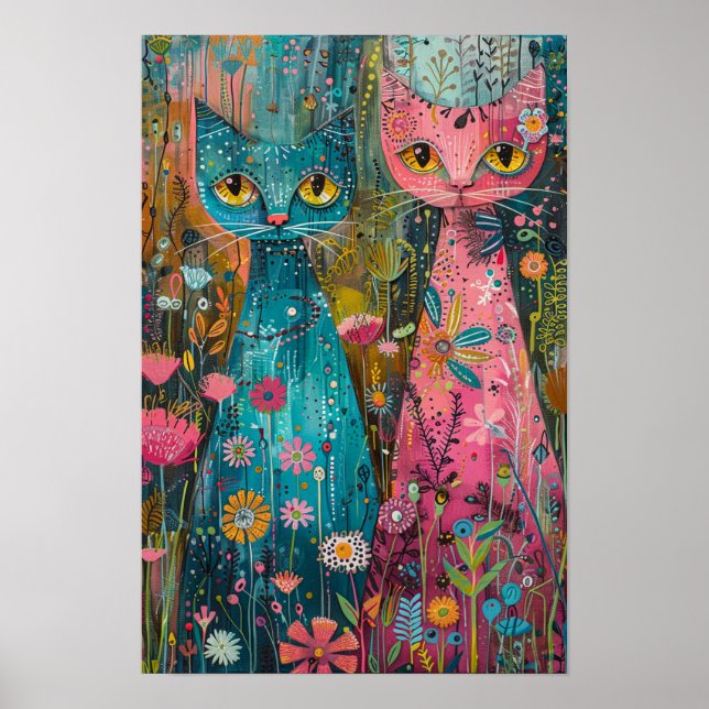 Floral Cats in Daisy Field: Vibrant Art Piece Poster (Front)