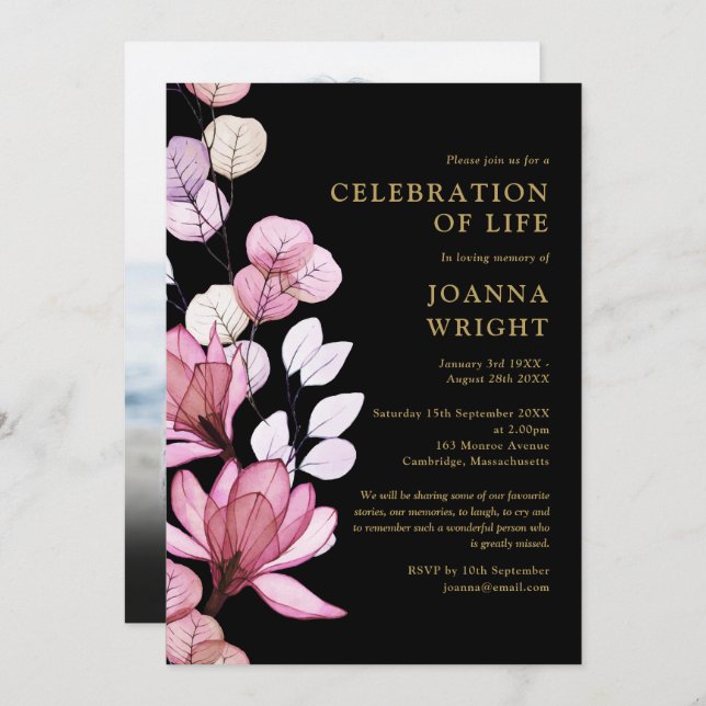 Floral Celebration Of Life Funeral Photo Invitation (Front/Back)