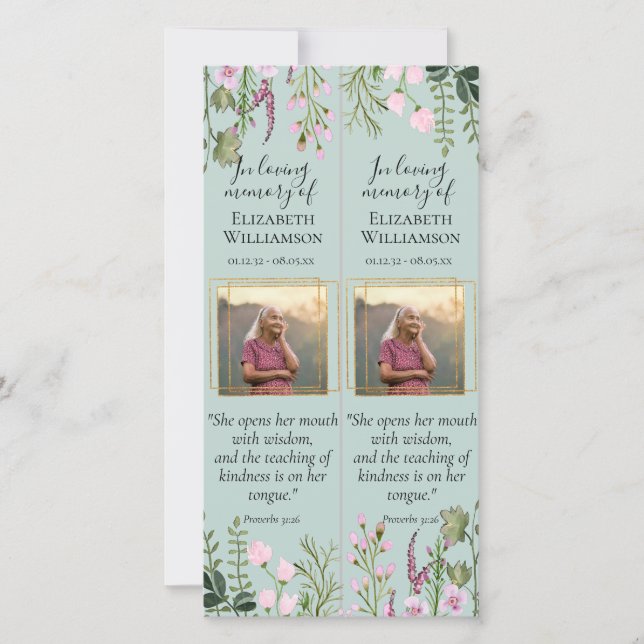 Floral Celebration of Life Photo Quote Bookmark Card (Front)
