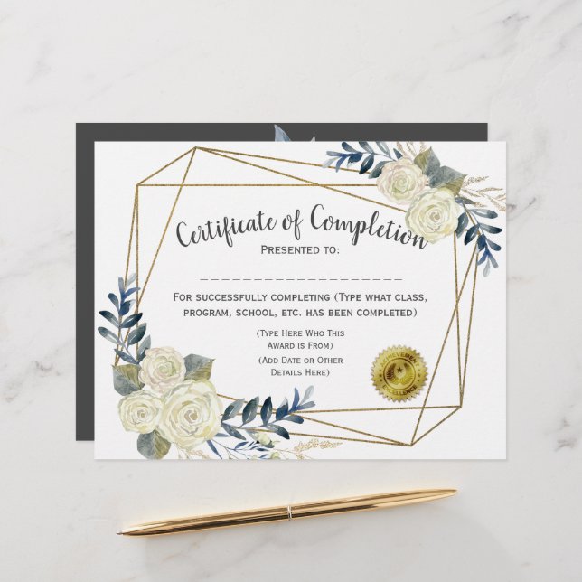 Floral Certificate of Completion, Customise 8.5x11 (Front/Back In Situ)