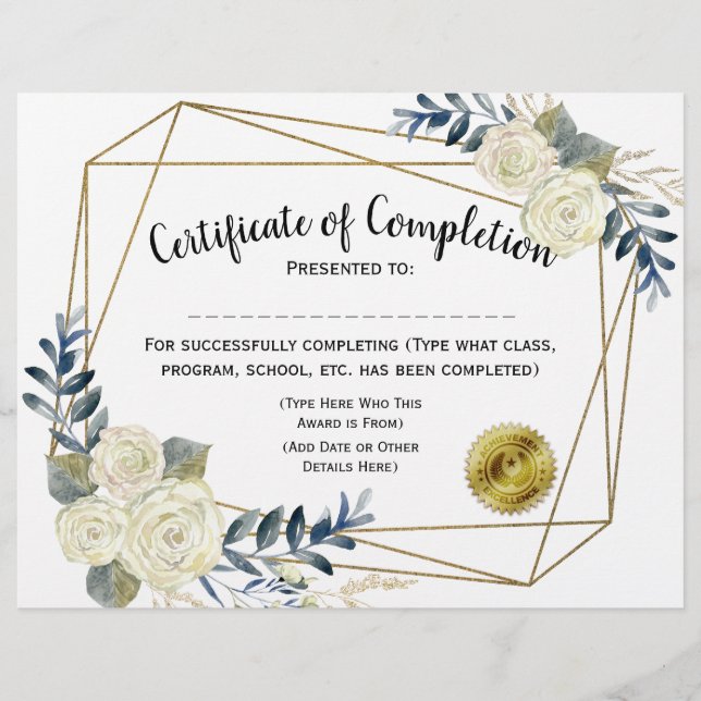 Floral Certificate of Completion, Customise 8.5x11 (Front)