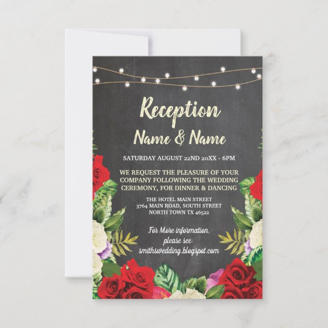 Floral Chalk Rustic Wedding Reception Red Roses Invitation (Front)