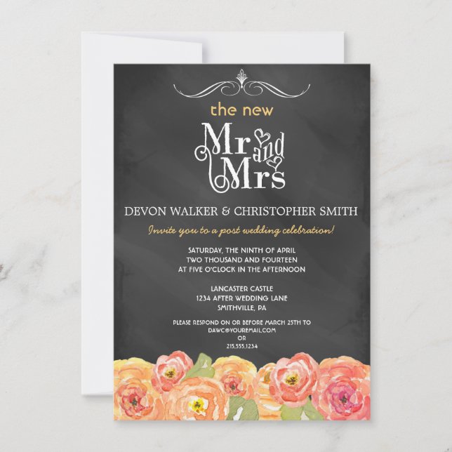 Floral Chalkboard Post Wedding Party Invitation (Front)