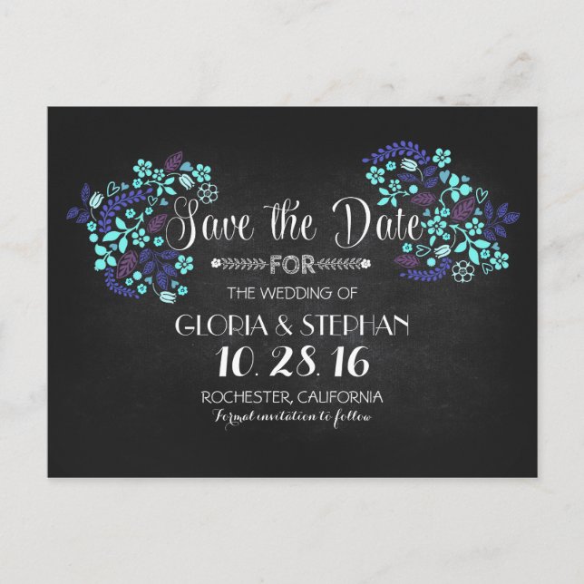 Floral chalkboard save the date postcards (Front)