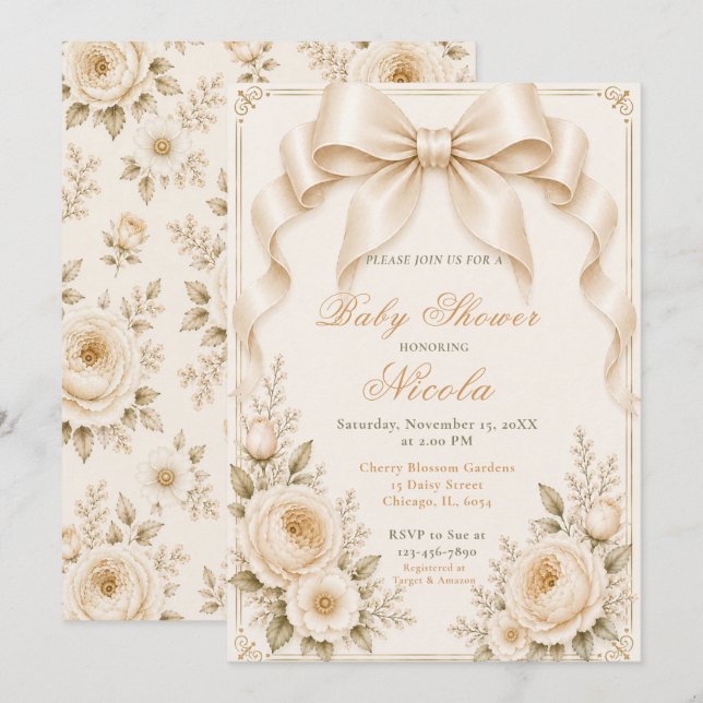 Floral Champagne Coquette Bow Baby Shower Invitation (Front/Back)
