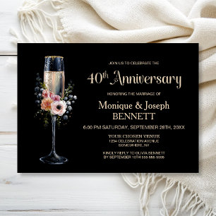 Floral Champagne Glass 40th Wedding Anniversary Invitation