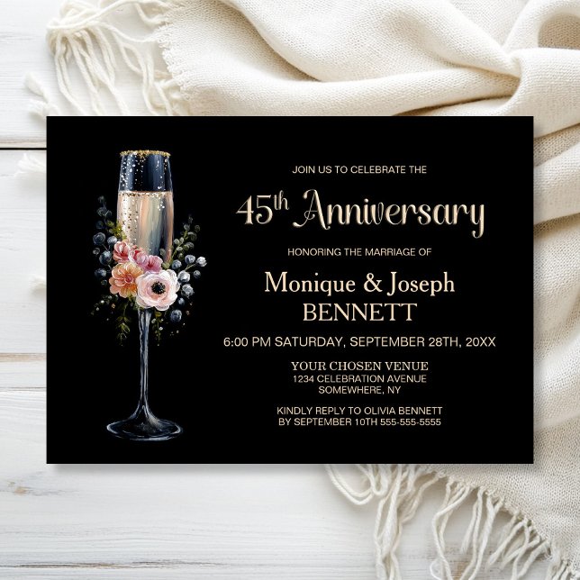 Floral Champagne Glass 45th Wedding Anniversary Invitation (Creator Uploaded)