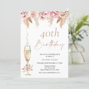 Floral Champagne Glass Boho Pampas Birthday Invitation